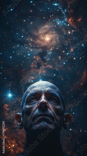 A man with a starry background and his head in the middle, AI