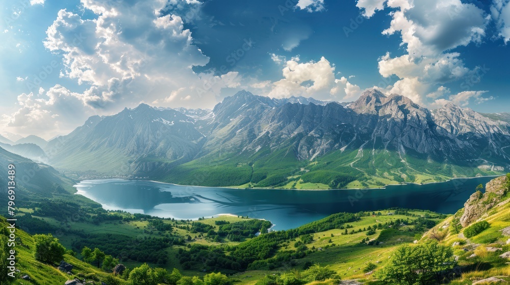 Beautiful forest lake. Panoramic view of beautiful lake landscape. Mountain landscape, lake, and mountain range, large panorama AI Generate