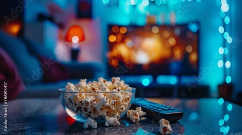 A glass bowl filled with popcorn with a remote control in the background as the TV plays. Depicts a cozy evening spent watching a movie or TV series at home.