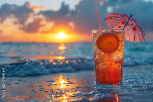 cocktail with ice and an umbrella on the sand of a beach