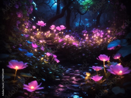 "Midnight Garden Glow: Surreal Neon Wilderness Wonderland"