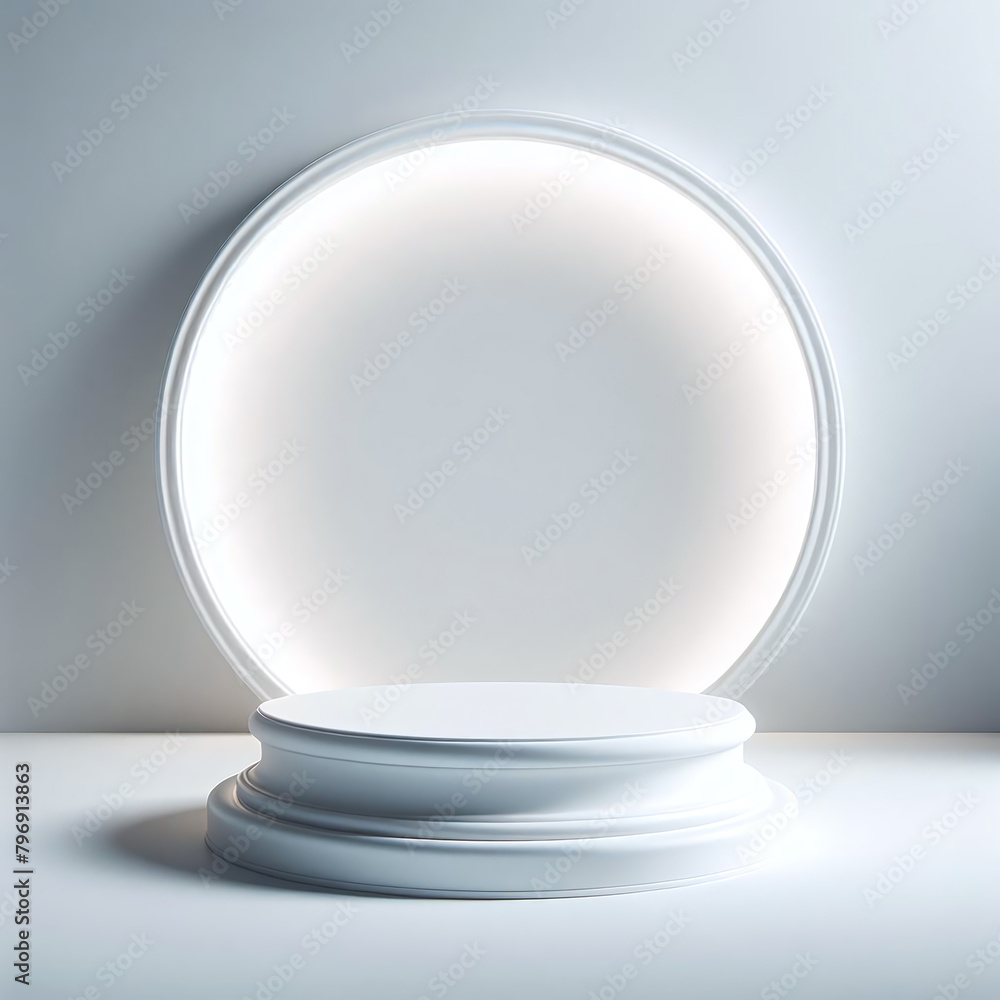 Empty white round pedestal display with soft lighting background, minimalist presentation platform, 3D illustration. Empty white round pedestal display with soft lighting background, minimalist presentation platform, 3D illustration.