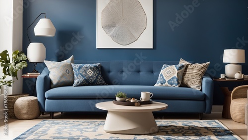 A 3D illustration of a living room with a blue couch, a lamp, a table, and a plant.