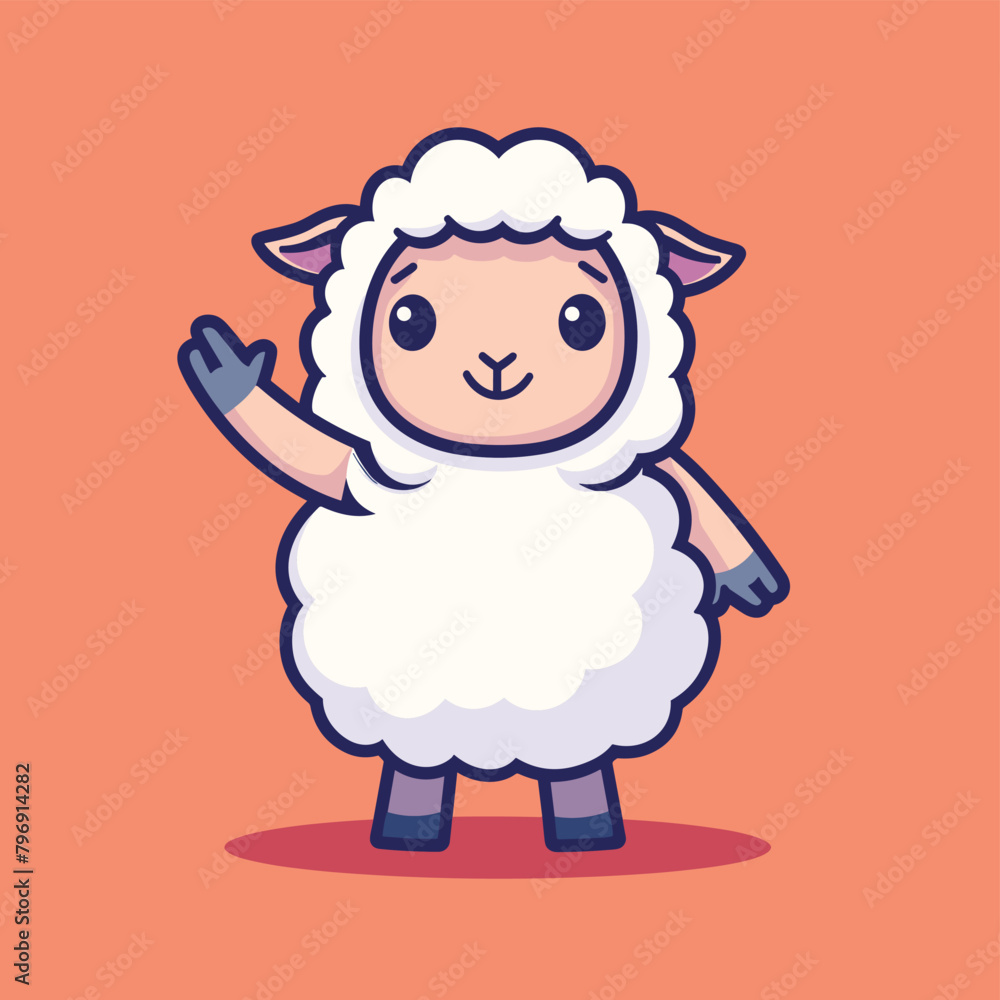 Cute cartoon sheep waving with a happy expression on an orange background. Cute cartoon sheep waving with a happy expression on an orange background.