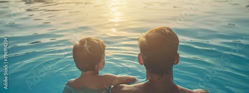 Father and son in swimming pool, banner with copy space. take five. daddy with kid boy on spa resort. #796914204
