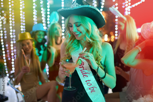 Photography Woman, party and bride alcohol in club, bachelorette event and celebration at night rave