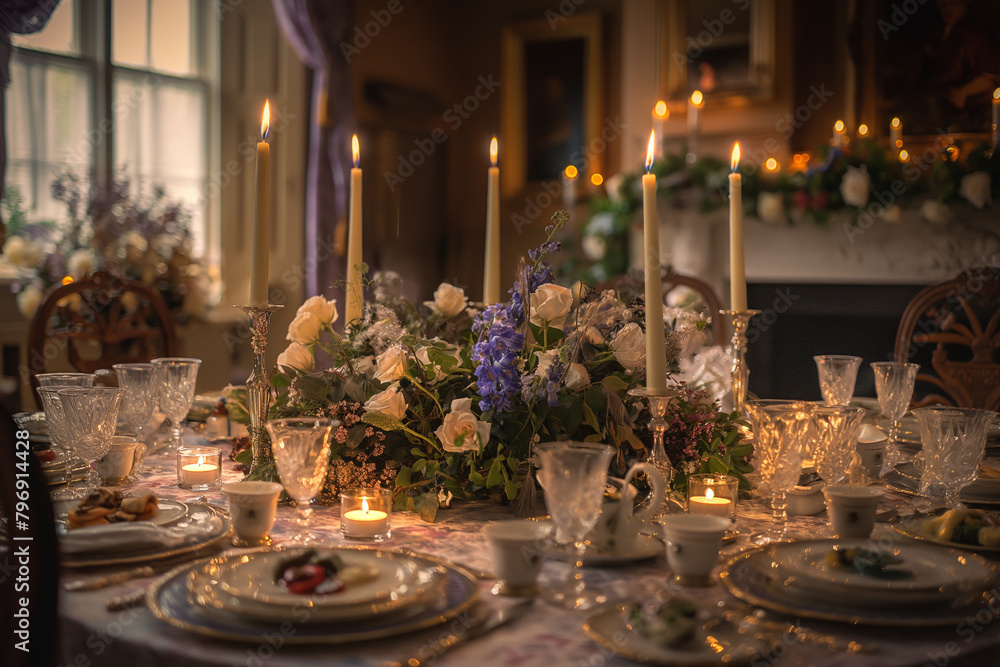 wedding table setting with candles, Delight in the beauty of a holiday celebration table decor, gracing the dining room of an English country house