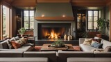 a living room with fireplace and two couches