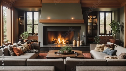 a living room with fireplace and two couches