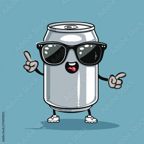 Cute soda can cartoon character with sunglasses flat vector illustration