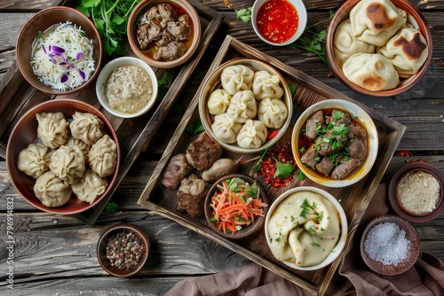 Asian Dishes Set, Azerbaijani Dumplings Giurza with Lamb Meat and Mutton Fillet in Ceramic Bowls
