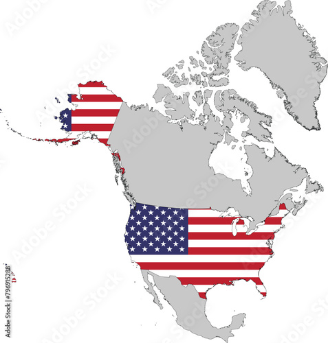 Map of USA with Alaska and Hawaii with national flag  of USA inside gray map of North America