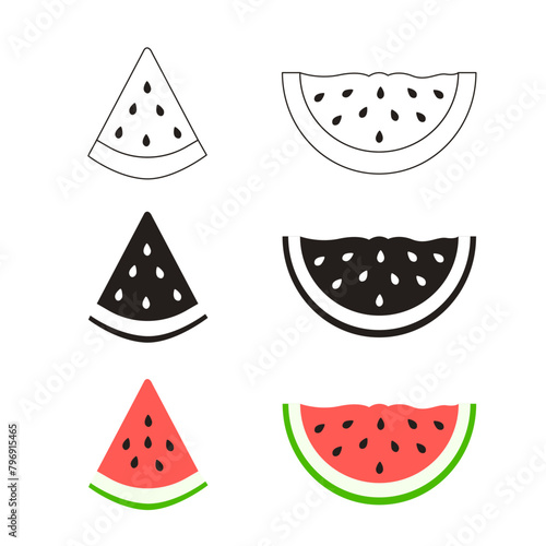 A set of icons depicting sliced slices of ripe watermelon in a flat style