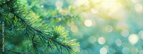 Natural wallpaper with copy space. Close-up green needles of fir tree against blue sky with sun light. Spring background. Film grain texture. Soft focus. Blur