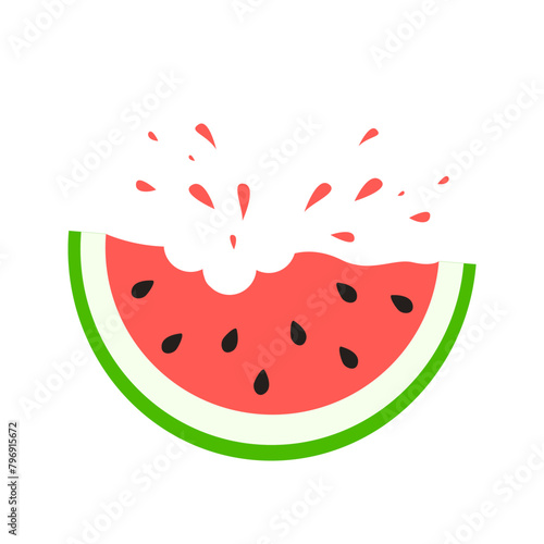 The icon of a slice of red ripe juicy watermelon splashing with juice. Vector
