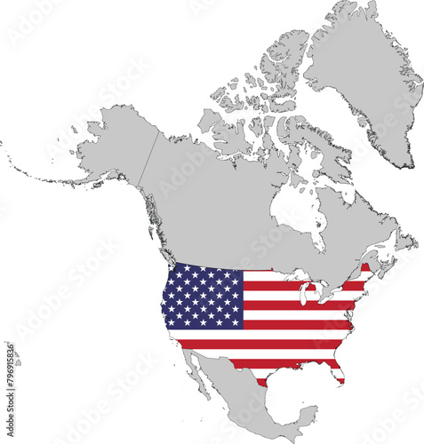 Map of USA with national flag inside gray map of North America