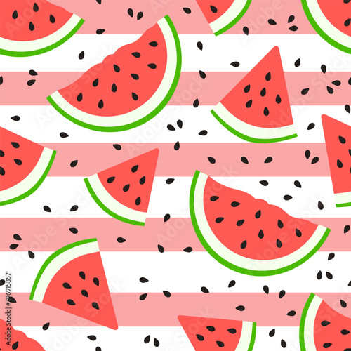 Vector seamless pattern with the image of a watermelon on a background of pink and white stripes