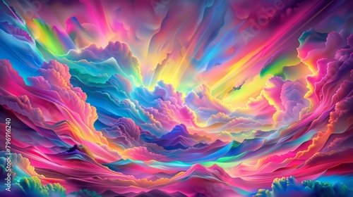 A vibrant depiction of the sky, featuring an interplay of small and large clouds slowly meandering, with beams of sunlight piercing through