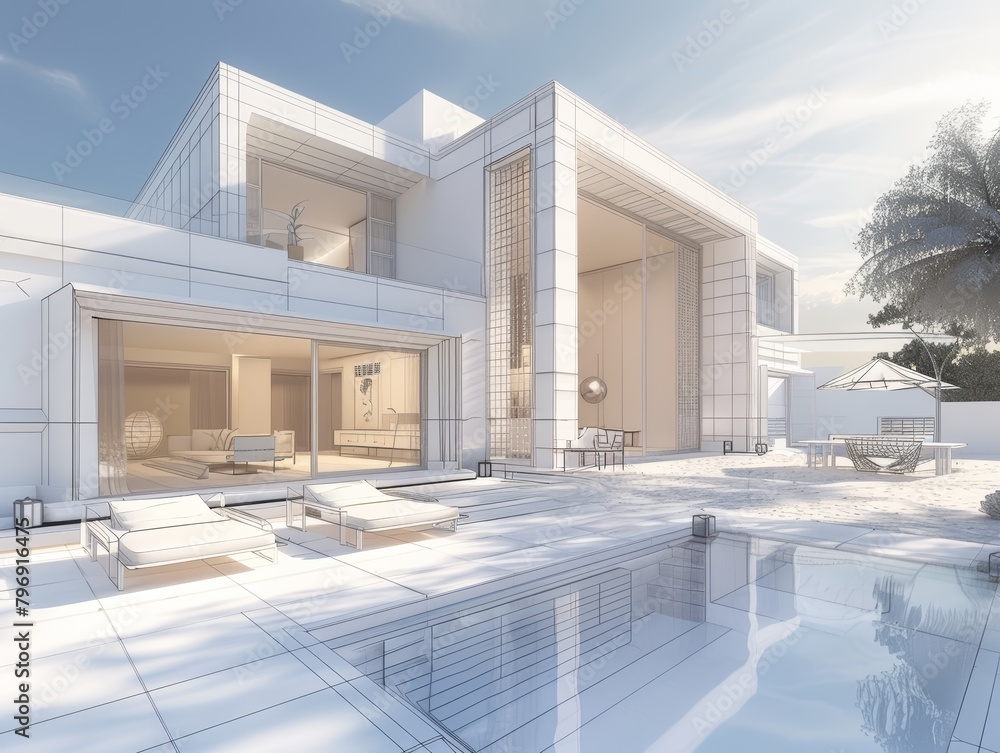 An exquisite 3D rendered villa, where detailed realistic imagery meets minimalist wireframe design, accompanied by copy space for tailored content