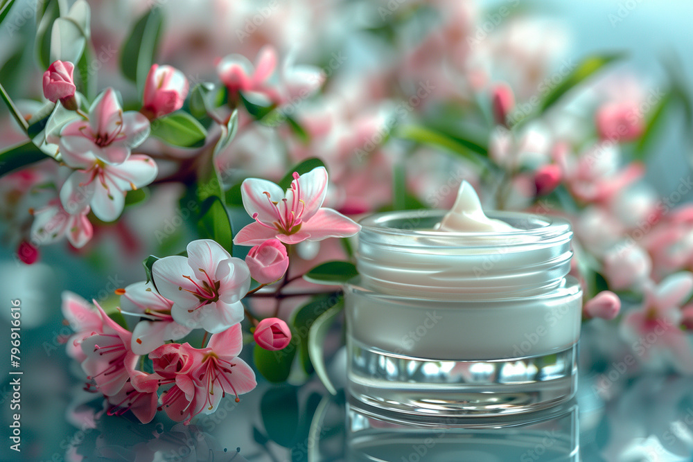 cosmetic glass jar filled with white cosmetic cream, luxury cosmetic product cosmetic glass jar filled with white cosmetic cream, luxury cosmetic product