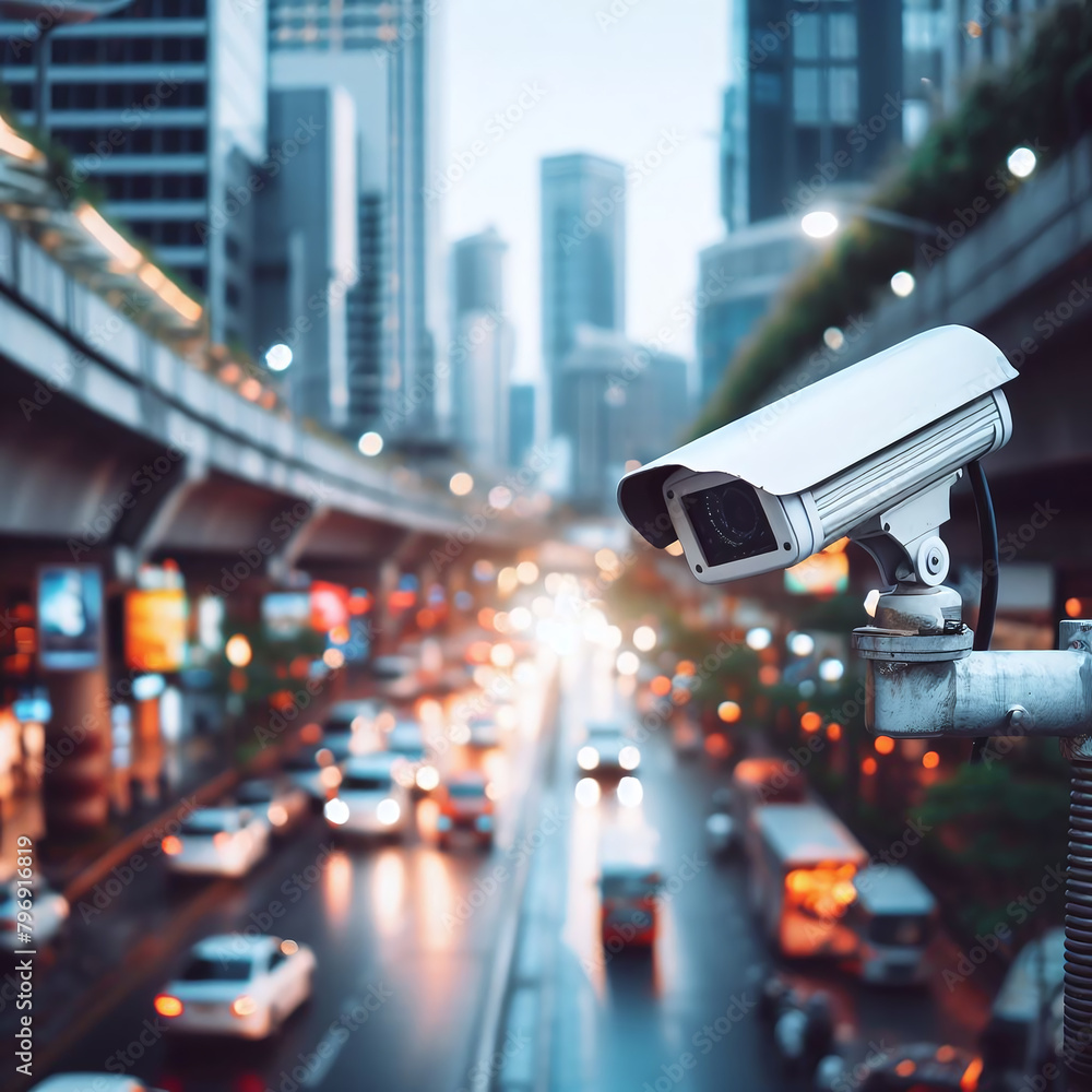 Security camera monitoring traffic in a bustling city at dusk Security camera monitoring traffic in a bustling city at dusk