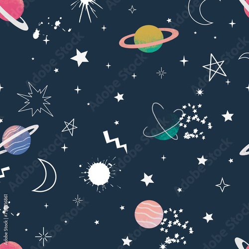 Cute Seamless pattern with space elements. Cartoon style wallpaper with colorful cosmic stars. Children's background with hand-drawn constellation.