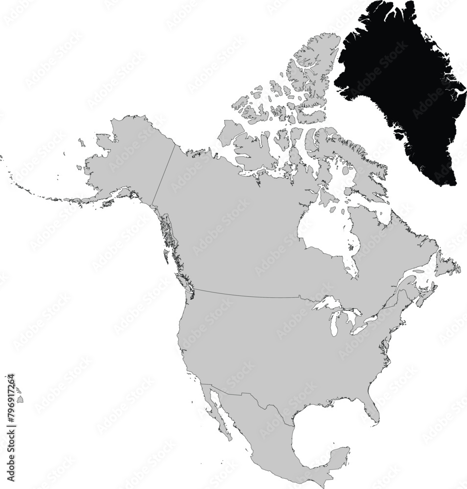 Obraz premium Black Map of Greenland inside gray map of North America