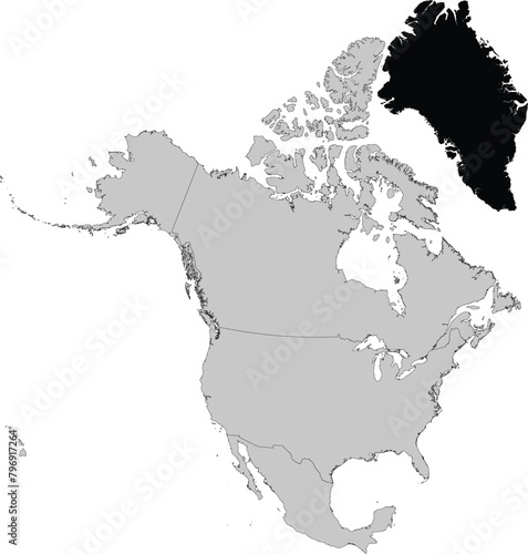 Black Map of Greenland inside gray map of North America