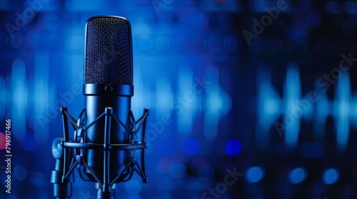 A professional microphone with a waveform pattern displayed on a blue background banner, suitable for a podcast or recording studio setting.