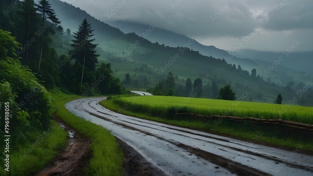 mountain road in the mountains, Curved dirt road in the countryside and green fields in the rainy and stormy season mountain road in the mountains, Curved dirt road in the countryside and green fields in the rainy and stormy season
