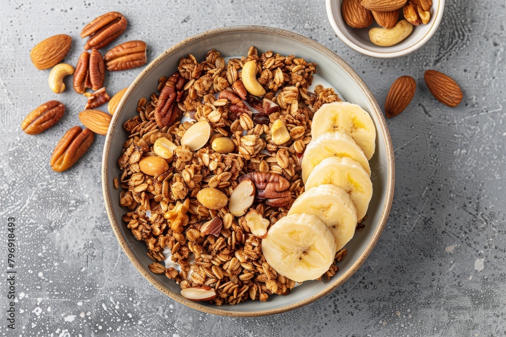 Fototapeta premium Eco-friendly, colorful breakfast choice of nutrient-rich oatmeal and fiber-rich berries mixed in the kitchen, offering a natural, tasty meal for health-conscious eaters.
