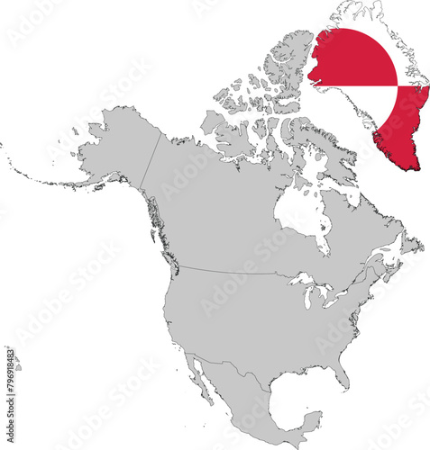 Map of Greenland with national flag inside gray map of North America