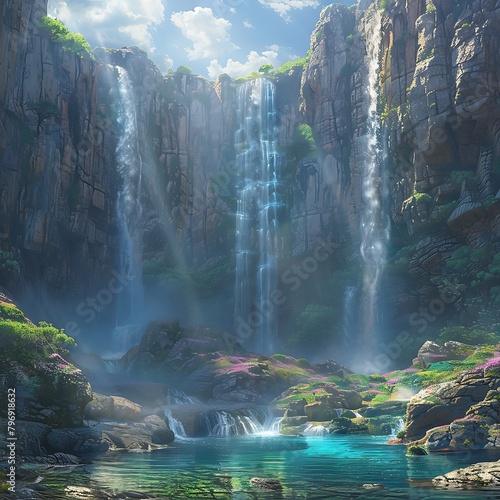 Witness the majesty of a cascading waterfall, its mist dancing in the sunlight as it plunges into a crystal-clear pool below. 