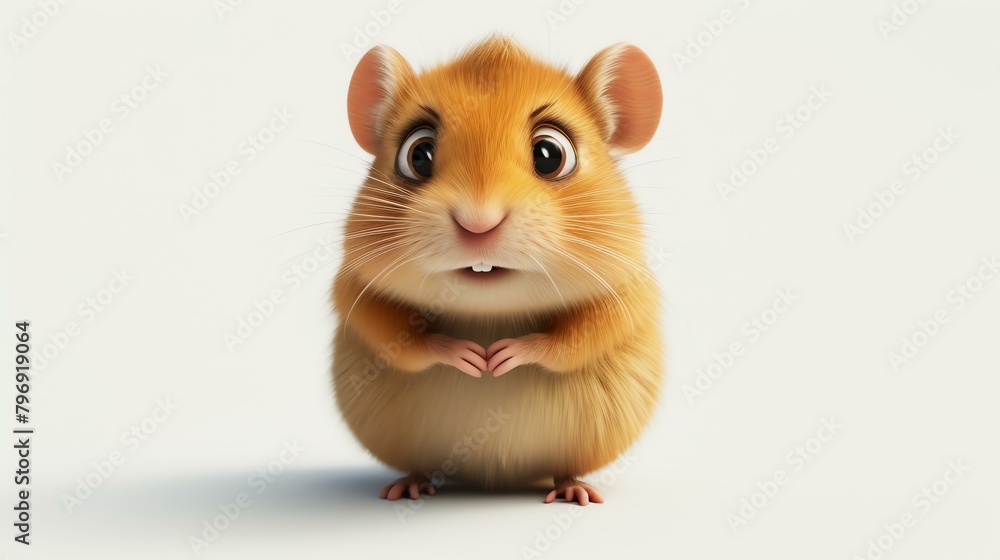 A cute cartoon hamster with big eyes and a fluffy tail. It is standing on its hind legs and has its paws together in front of its chest.