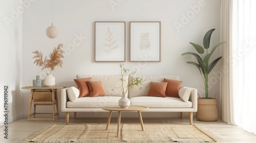 Minimal living room interior featuring a wooden table grey sofa carpet and a plant in front With copyspace for text