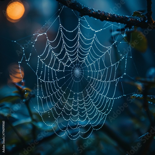 spider web glistens with dew against a mysterious, dark and empty background © NatthyDesign
