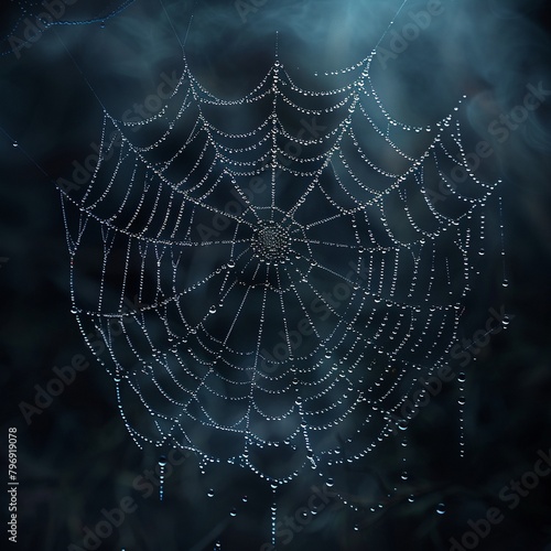 spider web glistens with dew against a mysterious, dark and empty background
