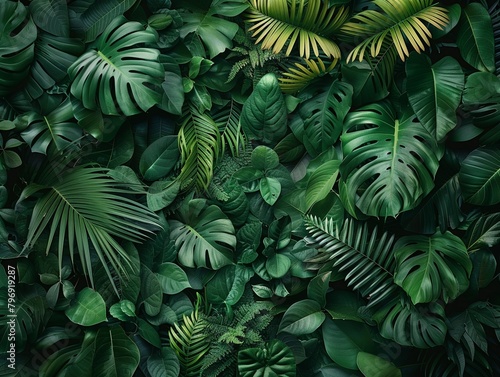 wallpaper with dense green tropical jungle foliage presenting various shades and leaf types copy space for text photo