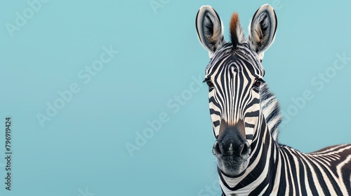 Striking close-up portrait of a zebra against a blue background.