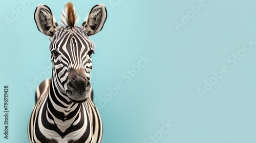 A beautiful close-up of a zebra s face against a pale blue background. The zebra is looking at the camera with its ears perked up.