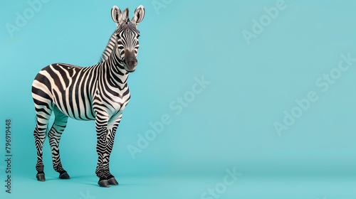 Striking black and white stripes of a zebra set against a vibrant blue background.