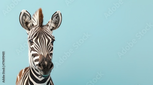 A beautiful zebra stands in front of a blue background. The zebra s stripes are black and white  and its mane is black.