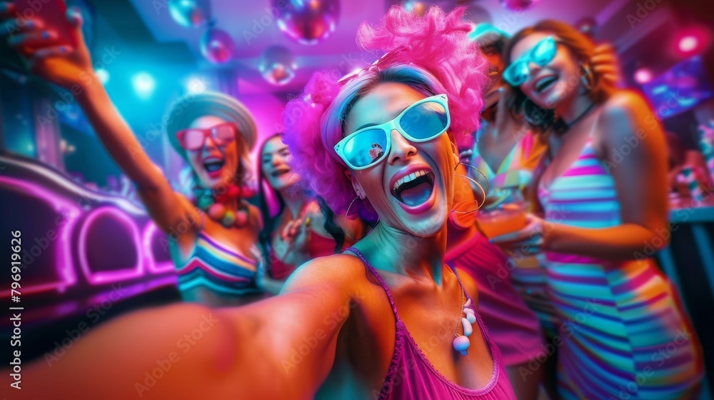 Pop art style, image of an influencer taking a group selfie at a party, bright colors, exaggerated facial expressions, fun vibe Pop art style, image of an influencer taking a group selfie at a party, bright colors, exaggerated facial expressions, fun vibe