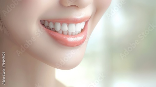 Perfect white teeth smile of young woman with glossy lips  close up. The result of the teeth whitening procedure. Oral care dentistry concept. Tooth whitening  female toothy veneer smile. Stomatology