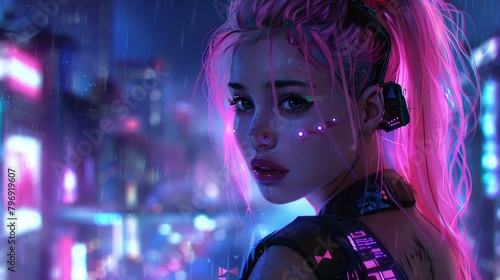 A beautiful young woman with pink hair and glowing eyes stands in the rain. She is wearing a black leather jacket and a futuristic headset.