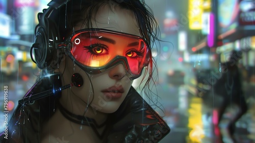 A young woman with short black hair and red eyes wearing a black leather jacket and a pair of futuristic goggles stands in the rain.