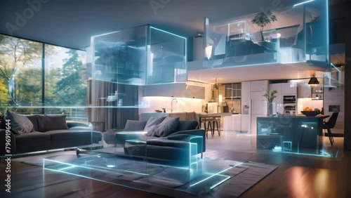 3d render of a modern living room with a white sofa, a coffee table, a coffee table and a computer on the wall, Beautiful modern home interior with a digital instruction hologram photo