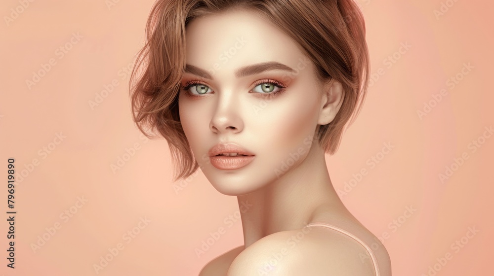 Portrait of cute lovely beautiful girl in casual outfit with modern hairdo and looking at camera isolated on peach fuzz background