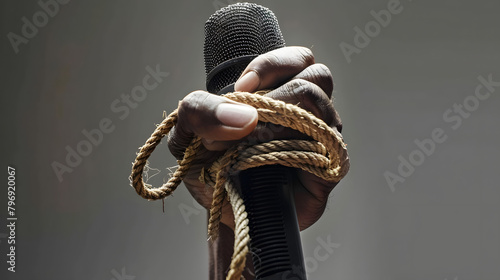 Hand with microphone tied with rope, depicting the idea of freedom of the press, idea of the repression of the mass media or freedom of expression photo