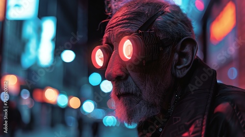 A close-up portrait of an elderly man wearing futuristic glasses with a red glow. The man's face is weathered and lined, and his eyes are a deep blue. photo